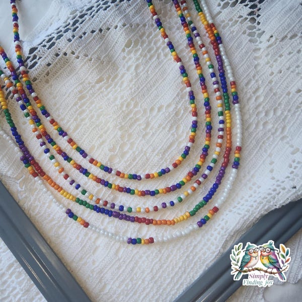 Rainbow necklace, beaded necklace, adjustable necklace, colors of the rainbow, Rainbow Collection, rainbow with white, seed bead necklace