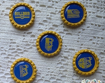 Bulldog Magnets, Refrigerator Magnet, Unique Gift, School Pride, Unique Magnet, Bottle Cap Magnet,  Bulldog Team Gift Idea, Blue and Gold