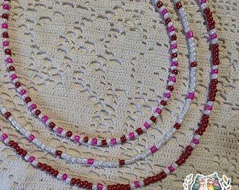 Valentine Beaded Necklace, Red Pink White Seed Beads