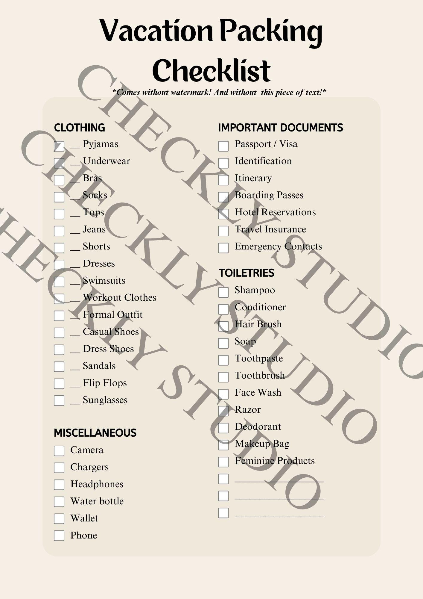 Vacation Packing List Printable | Travel Checklist PDF for Women ...