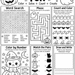 May include: A black and white Halloween activity sheet featuring a word search, a maze, a count and color section, a color by number cat, a match the pairs game, and a draw and write area. The page is titled Halloween FUN with pumpkin and ghost illustrations.