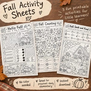 May include: Three black and white printable activity sheets featuring autumn themes. The sheets include a maze, word search, counting games, and seek and find puzzles with illustrations of pumpkins, squirrels, scarecrows, and autumn foliage.