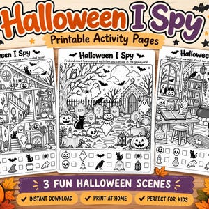 May include: Three black and white Halloween I Spy printable activity pages featuring a haunted house, a graveyard, and a monster laboratory. Each page includes a detailed scene with various spooky items to find and count, with checkboxes below.
