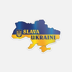 May include: A sticker in the shape of Ukraine, featuring a blue and yellow gradient design. The words "SLAVA UKRAINI" are printed in yellow. The Ukrainian coat of arms is on the left.