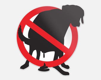 May include: A sticker featuring a black silhouette of a dog pooping, overlaid with a red circle and a diagonal red line, indicating a prohibition. The dog is depicted in a squatting position, with a small pile of feces below.