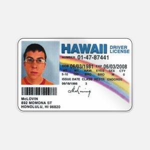 May include: A sticker depicting a Hawaii driving licence with a photograph of a young man wearing glasses. The licence includes the name McLovin, date of birth, and address in Honolulu. The background has a rainbow design.
