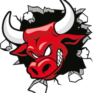 Puede incluir: Ilustración de dibujos animados de un toro rojo rompiendo una pared. El toro tiene cuernos blancos, una expresión amenazante y está sobre un fondo negro con trozos de pared gris rotos.