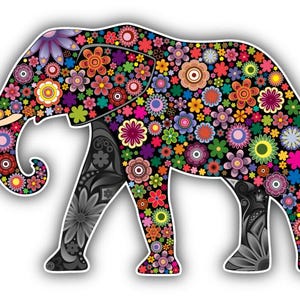 May include: A colorful elephant illustration filled with various flowers in shades of red, orange, yellow, green, purple, and pink. The elephant's legs and parts of its body are in grayscale floral patterns. The background is white.