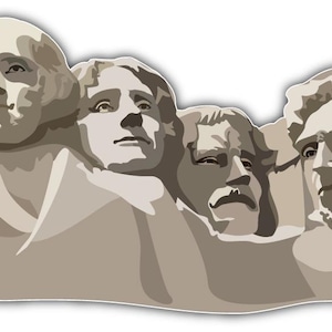 May include: A sticker featuring a stylized illustration of Mount Rushmore. The image depicts the faces of four U.S. presidents carved into a mountain, rendered in shades of beige and gray, with a white border.