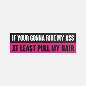 May include: A rectangular sticker with the text "IF YOUR GONNA RIDE MY ASS AT LEAST PULL MY HAIR". The top section is black with white text, and the bottom section is hot pink with white text.
