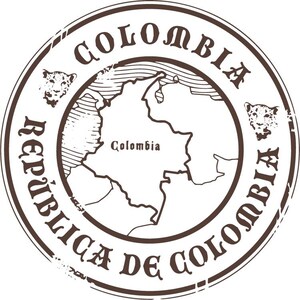 Op de afbeelding: Een cirkelvormige bruine stempel met het woord "COLOMBIA" in een decoratief lettertype. De stempel bevat een kaart van Colombia, de tekst "República de Colombia" en twee jaguarhoofdillustraties.