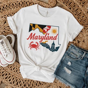 -shirt rétro du Maryland | chemise vintage Maryland crabe, chemise drapeau du Maryland, tshirt carte du Maryland, t-shirt unisexe couleurs confort, crabe vintage