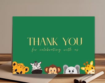 Two Wild Jungle Safari Birthday Thank You Card Template Editable Giraffe Elephant Baby Party Digital Download Wild One Party Animal Emma