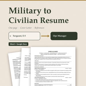 May include: A digital document template titled Military to Civilian Resume featuring a transition from Sergeant E-5 to Ops Manager. The layout includes a resume, cover letter, and references page with text detailing professional experience.
