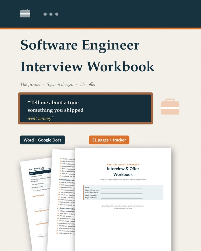 Werkboek voor sollicitatiegesprekken als software engineer, voorbereiding op technische sollicitatiegesprekken, handleiding voor systeemontwerp, 179 vragen, onderhandeling over een aanbod, Word & Google Docs afbeelding 1