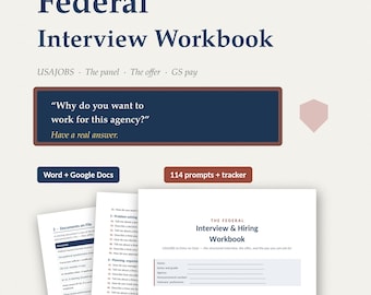 Werkboek voor sollicitatiegesprekken bij de federale overheid, USAJOBS-gids, voorbereiding op sollicitatiegesprekken bij de overheid, 114 vragen, GS-salaris- en aanbiedingsgids, Word + Google Docs