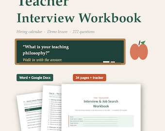 Werkboek voor sollicitatiegesprekken met docenten, voorbereiding op sollicitatiegesprekken met docenten, 222 vragen, voorbeeldlesplanner, zoektracker voor banen, Word & Google Docs