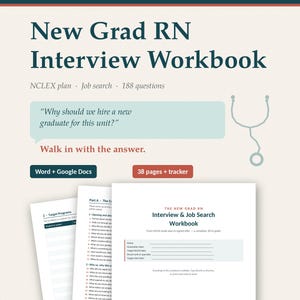 Peut inclure: Un cahier d'exercices pour entretien infirmier avec une en-tête bleu sarcelle ornée d'une ligne de rythme cardiaque et d'un signe plus. Le texte inclut NCLEX plan, job search, 188 questions et la phrase Why should we hire a new graduate for this unit?