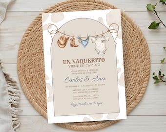 Un Vaquerito Viene en Camino Invitación | Baby Shower Invitation Cowboy Spanish | Un Vaquerito Viene en Camino Invitacion Editable Canva
