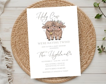 Holy Cow It's Twins Baby Shower Invitation | Digital Invitation | Cow Theme Baby Shower Invite | Twins Party