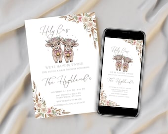 Holy Cow It’s Twins Baby Shower Invitation | Editable Highland Cow Baby Shower Invitation Template | Cow Theme Baby Shower Invite