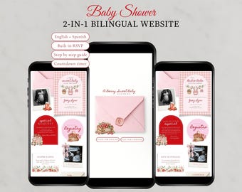 Op de afbeelding: Drie smartphones tonen een tweetalige babyshower-websitetemplate in roze en wit. De schermen bevatten aardbeigrafieken, enveloppen met waszegels en tekst waaronder Baby Shower, 2-IN-1 BILINGUAL WEBSITE, A Berry Sweet Baby en English + Spanish.