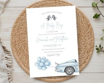 Blaue Vintage Rennauto-Babyparty-Einladung | Bearbeitbare Junge-Babyparty-Vorlage 5x7 & Evite + Free Favor Tag | Digitaler Download