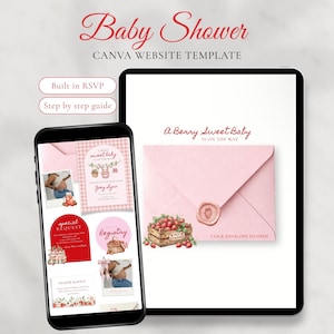 May include: A digital baby shower website template displayed on a tablet and smartphone. The design features a pink envelope with a strawberry wax seal, a crate of strawberries, and the text A Berry Sweet Baby Is On The Way, Built in RSVP.