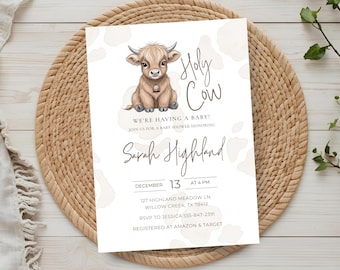 Holy Cow We’re Having a Baby | Editable Highland Cow Baby Shower Invitation Template | Western Baby Shower Evite