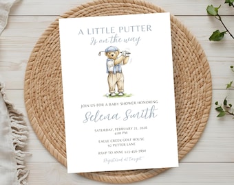 Golf Baby Shower Invitation | Sports Baby Shower Invite | Editable Template for a Little Putter on the Way | 5x7” + Evite