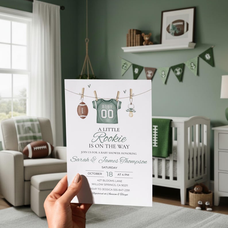 Green Football Baby Shower Invitation | A Little Rookie is on the Way ...
