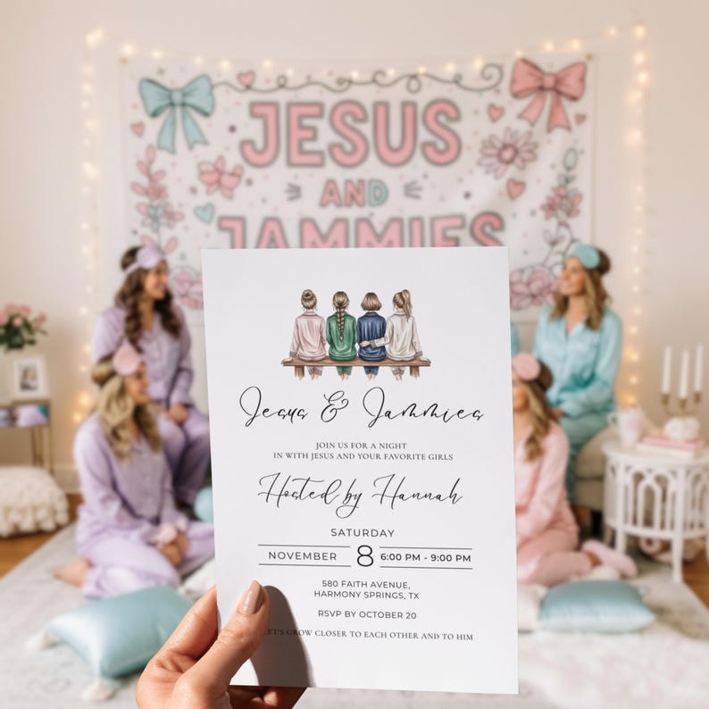 Cozy, faith-based girls night in invitation set with soft watercolor design and feminine details