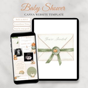 May include: A digital baby shower website template displayed on a smartphone and tablet. The screens show an invitation with a pumpkin theme, a wax seal, and text including "Baby Shower," "CANVA WEBSITE TEMPLATE," "You're Invited," and "Built in RSVP."