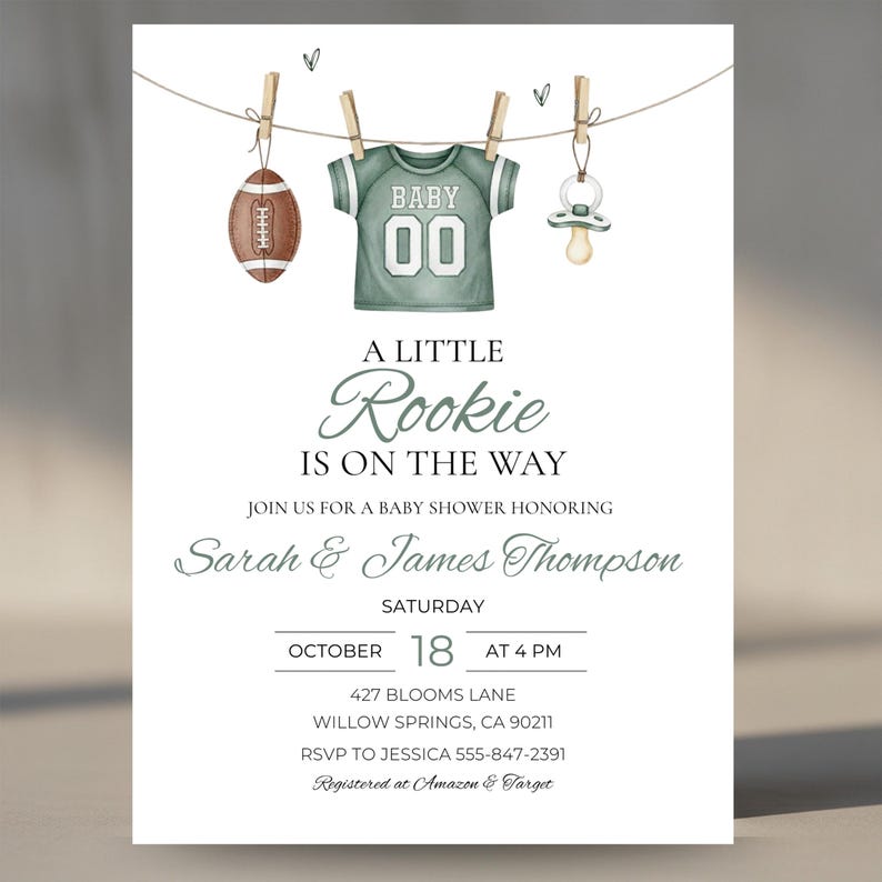 Green Football Baby Shower Invitation | A Little Rookie is on the Way ...