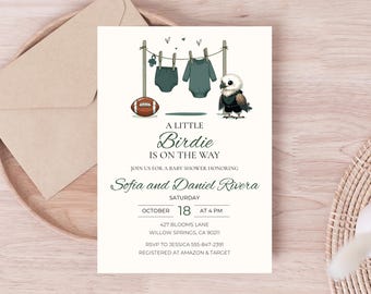 Uitnodiging babyshower voetbal Little Birdie – babyadelaar, donkergroen, digitaal + Evite-sjabloon