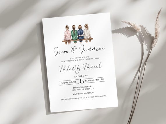 Christian Girls Night In Invitation | Jesus and Jammies Party Invitation | Prayer & PJs Flyer | Girl’s Bible Study Evite 5x7” Digital Templa