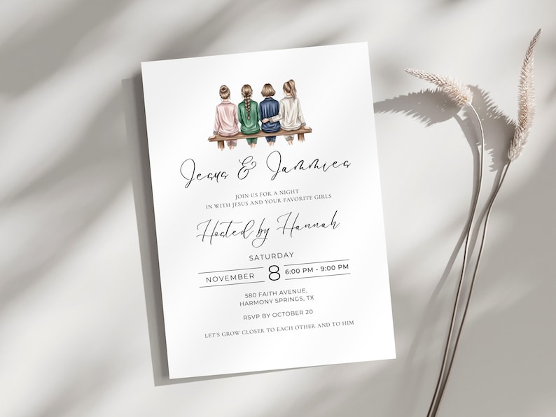 Uitnodiging christelijke meisjesavond | Uitnodiging voor feest Jezus en Jammies | Flyer gebed en pyjama | Bijbelstudie Evite voor meisjes, digitale sjabloon van 5 x 7 inch afbeelding 1