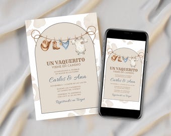 Un Vaquerito Viene en Camino Invitación | Baby Shower Invitation Cowboy Spanish | Un Vaquerito Viene en Camino Invitacion Editable Canva