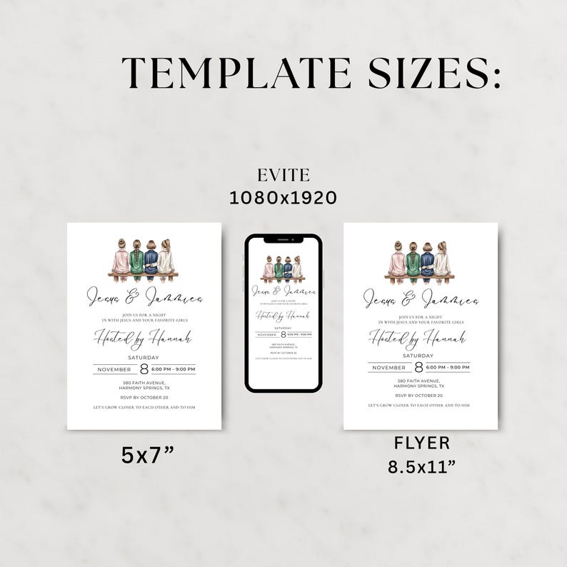 Editable 5x7” invitation templates, 3.5x7” bookmarks, and 8.5x11” Prayer & PJs flyer adaptation for girls night