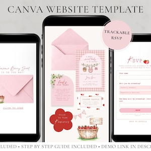 Strawberry Sweet Baby Shower Website Template with RSVP | Pink Berry Sweet Baby Shower Invitation | Girl Baby Shower Interactive Invite