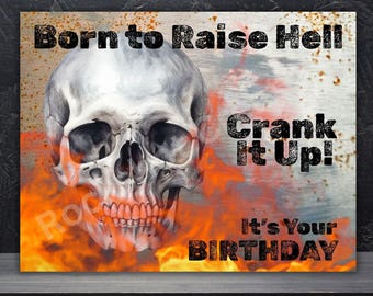 Tarjeta de cumpleaños con calavera para amantes de la música, tarjeta de cumpleaños "Crank It Up", tarjeta o letrero de rock and roll.