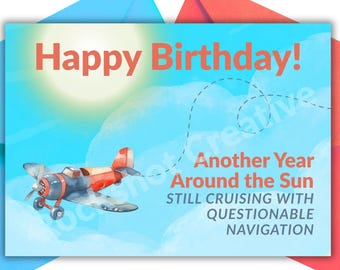 Tarjeta de cumpleaños divertida, Otro año alrededor del sol - Avión retro descarado - Regalo para amantes de los viajes - Tarjeta o cartel