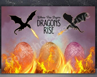 Arte de dragones - Donde comienza el fuego, los dragones se alzan. Decoración de pared, lámina o tarjeta.