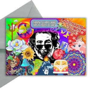 May include: A colorful greeting card with a psychedelic design. The card features a portrait, flowers, a peace sign, and a VW bus. Text includes "Every Silver Lining Has a Touch of Grey" and "Another Year... Still in the Groove."