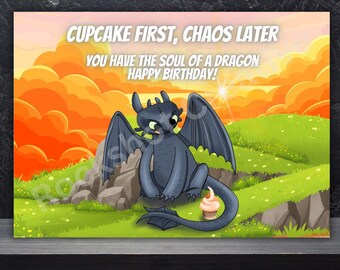 Tarjeta de cumpleaños de dragón divertida - Tarjeta de felicitación de cumpleaños original o imprimible
