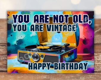 Retro Record Player Birthday Card, Vintage Vinyl Watercolor Design