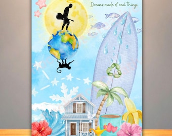 Sueños hechos de cosas reales: lámina o tarjeta con arte de música acústica playera y ambiente surfero.