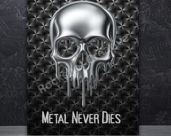El metal nunca muere: lámina de calavera de heavy metal, arte mural de rock o Halloween, lámina o decoración.