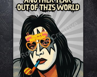 Tarjeta de cumpleaños de glam rock, arte pop de guitarrista espacial - Tarjeta o cartel divertido para fans del rock