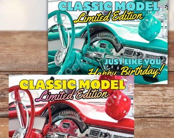 Tarjeta de cumpleaños con el interior de un Chevy Bel Air de 1957 (en dos colores)